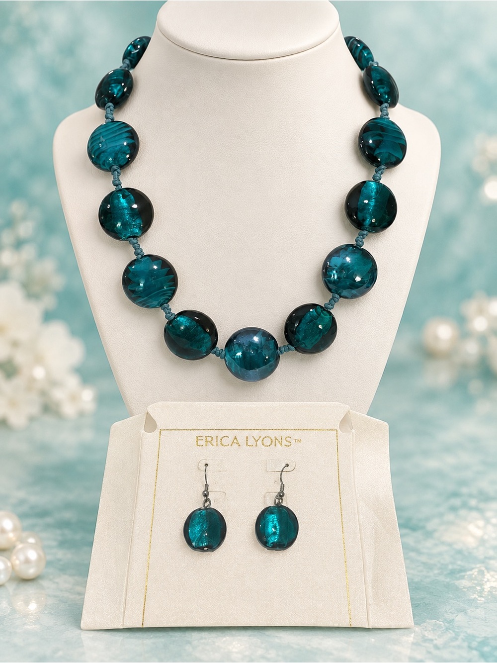 Erica Lyons Teal Round Glass Bead Necklace with Matching Earrings
